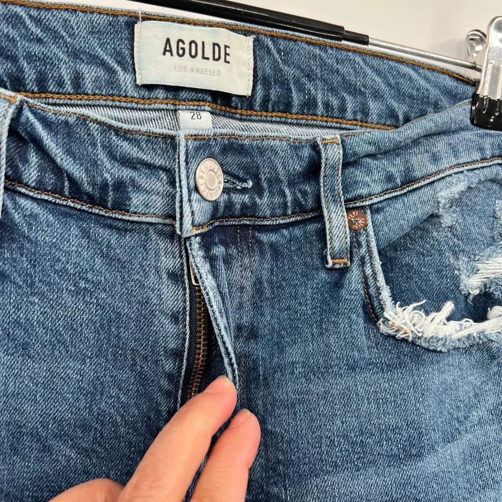 AGOLDE Toni Slim Straight‎ Jeans Womens Blue Distressed Chewed Hem 28
